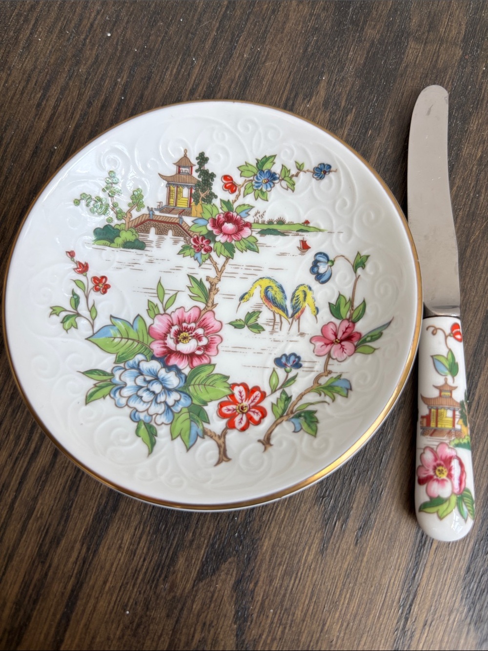 Vintage Staffordshire butter dish & knife, bone china, pagoda, white, flowers